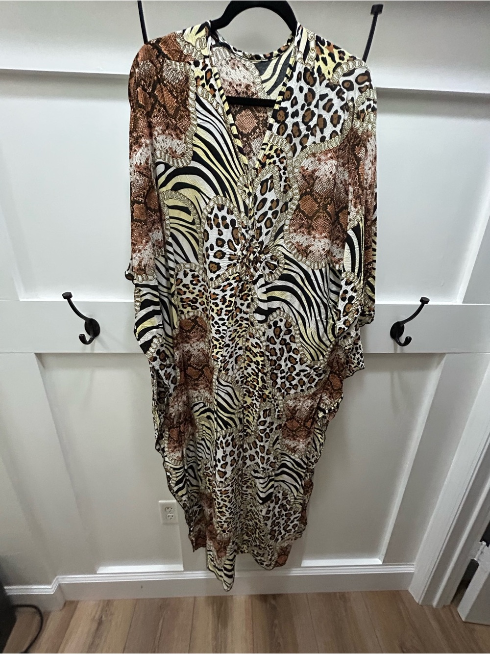 Animal Print Mixed Pattern Kaftan Dress in Brown and Cream